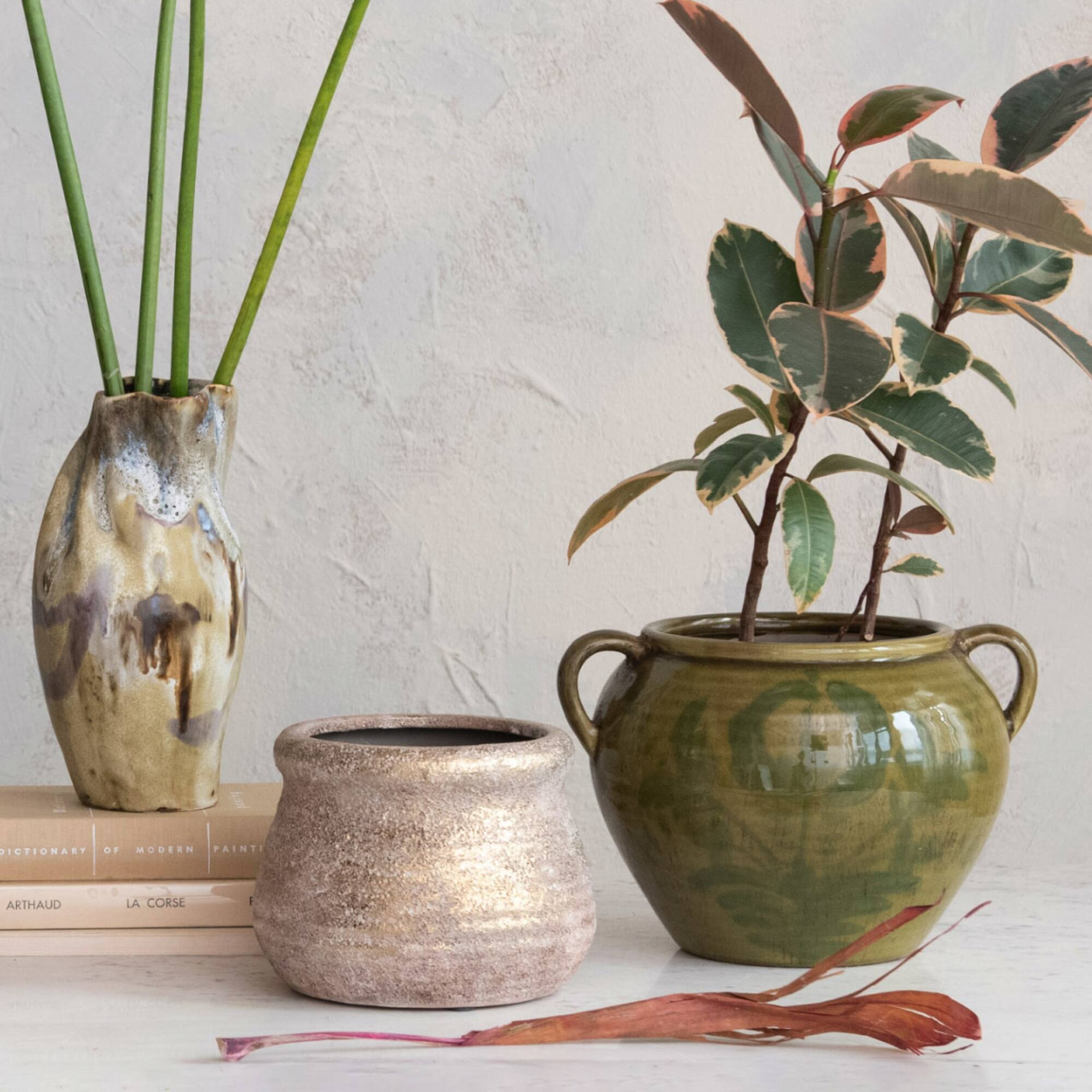Hello Honey® 10.75" Green Hand-Painted Terra Cotta Urn with Reactive Glaze